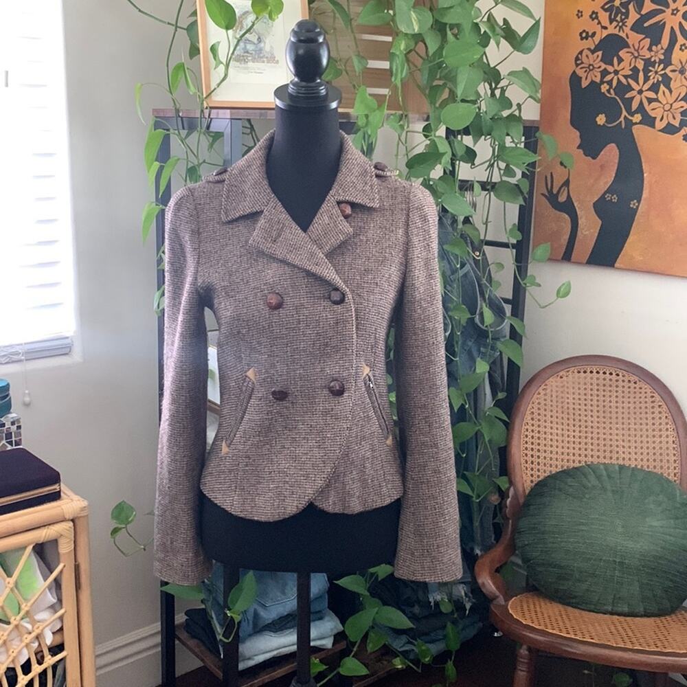 Comptoir Des Cotonniers Brown Wool Tweed Double Breasted Sherlock Blazer Jacket